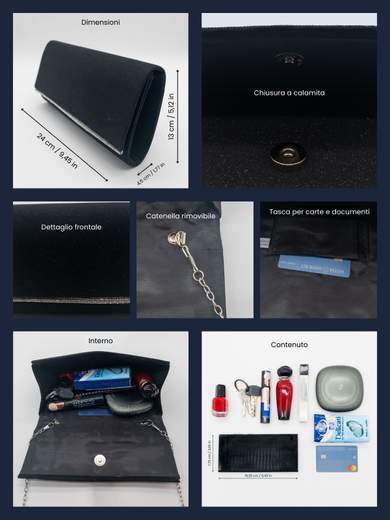 JESSICA Pochette Nera Glitterata da Cerimonia con Strass e Catenella Removibile A-2479-NERO