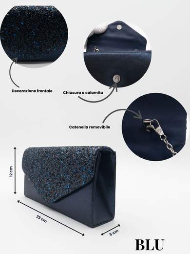 Pochette da cerimonia blu in raso con glitter e tracolla