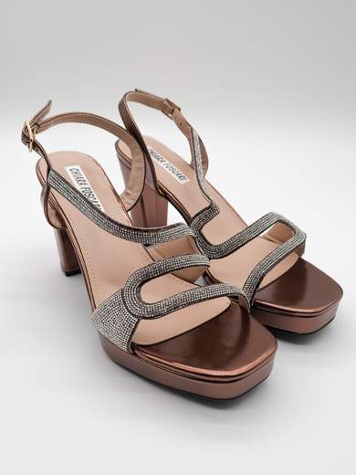 Brown Jewel Ceremony Sandals with Chunky Heel and Silver Rhinestones
