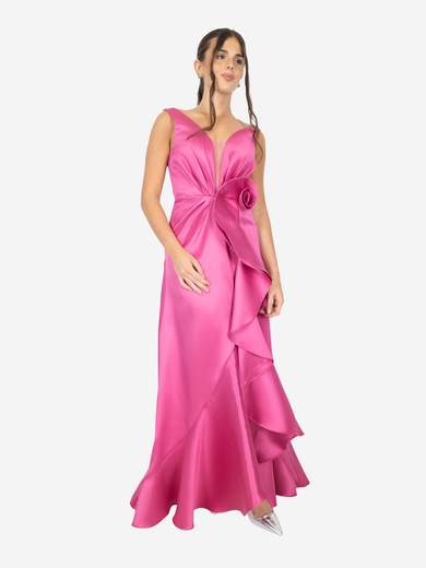 Long taffeta evening dress with ruffle and stole
