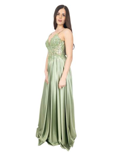 Long formal dress with embellished bodice and slit