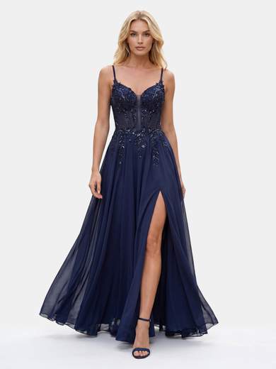 STRABELLO CERIMONIA Abito Lungo in Chiffon con Corpetto in Pizzo e Paillettes 26015F