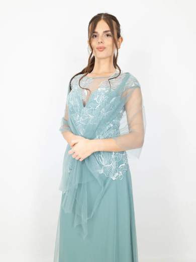 Sologioie Abito Lungo Cerimonia con Ricami e Stola in Tulle SSD180TU4002