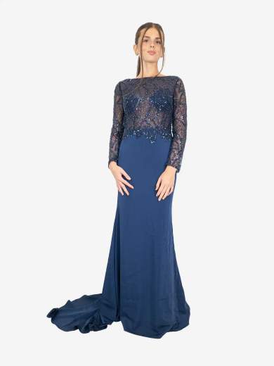 Abito da cerimonia lungo a sirena con maniche lunghe e strass – Modello 29242