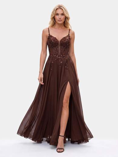 STRABELLO CERIMONIA Abito Lungo in Chiffon con Corpetto in Pizzo e Paillettes 26015F