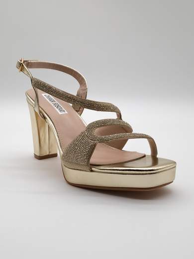Gold Jewel Ceremony Sandals with Chunky Heel and Rhinestones