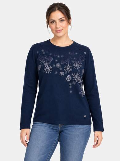 Maglia girocollo con decoro frontale in velluto e glitter