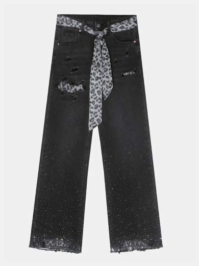 MISS BONBON Jeans donna gamba larga con strass e cintura leopardata H-3388
