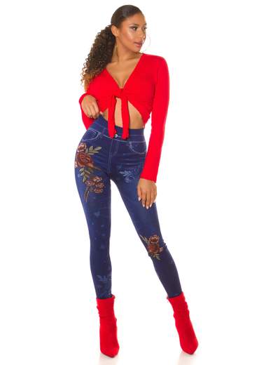 Leggings donna effetto jeans con stampa floreale