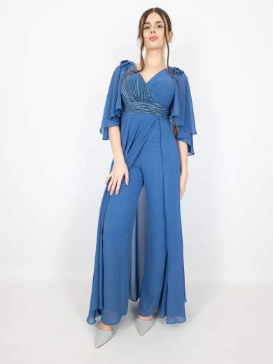 Tuta Elegante da Cerimonia con Maniche Aperte e Dettagli Brillanti