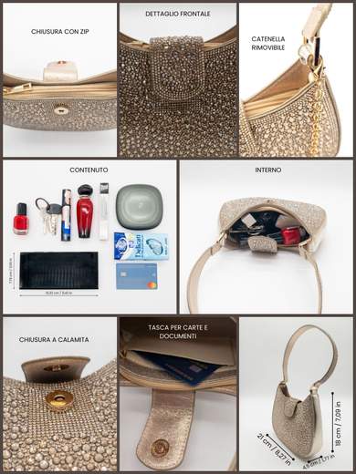 MICHELLE MOON Pochette da cerimonia oro elegante con strass e tracolla rimovibile MD810-ORO