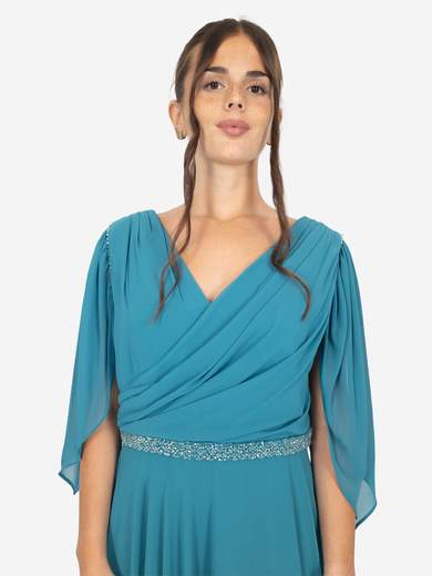 Elegant curvy long dress with sleeves and rhinestone waist