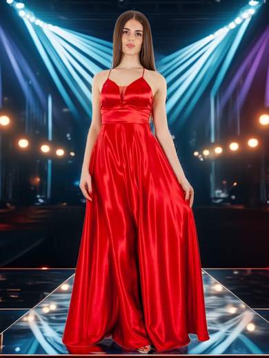 STRABELLO CERIMONIA Abito lungo elegante in raso con scollo a V e spalline incrociate A29499-3953-CINZIA