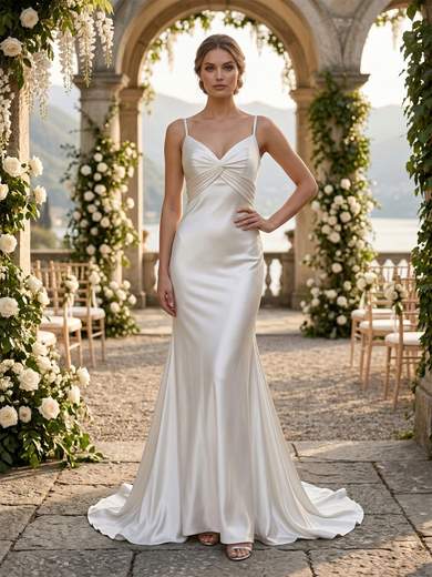 JEAN CRYÒ Abito da sposa lungo a sirena in raso bianco con stola in tulle e schiena stringata 35492w