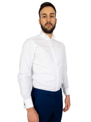 Luca Grimaldi Camicia Uomo Collo Diplomatico Bianca Slim Fit Polsi Gemelli