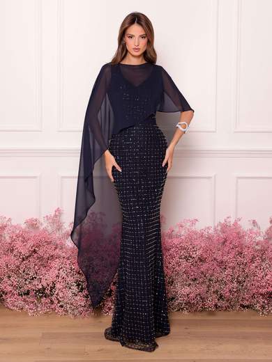 BIANCA BRANDI Abito da cerimonia lungo con mantella in chiffon e dettagli luminosi 29349