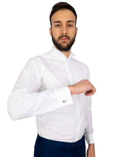 Luca Grimaldi Camicia Uomo Collo Diplomatico Bianca Slim Fit Polsi Gemelli