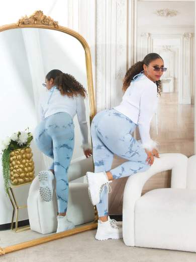 Leggings Sexy in Batik a Vita Alta con Cucitura Arricciata