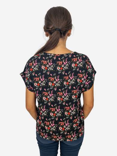 Blusa nera a fantasia floreale donna in viscosa Made in Italy