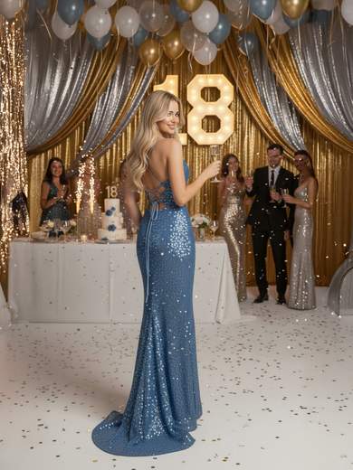 STRABELLO CERIMONIA Abito 18esimo a Sirena con Paillettes e Schiena Nuda F8077K