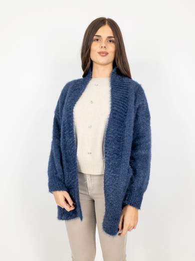 Cardigan Donna Lungo Invernale Morbido Filato Peloso Con Tasche
