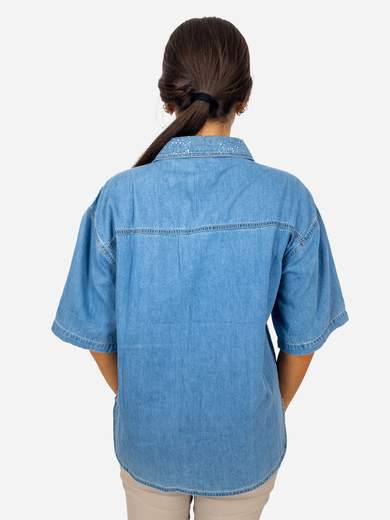Denim shirt with rhinestones and V-neck