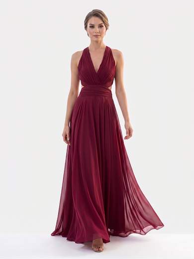 STRABELLO CERIMONIA Abito Lungo da Cerimonia in Chiffon con Collo all'Americana e Schiena Scoperta 7007-6F