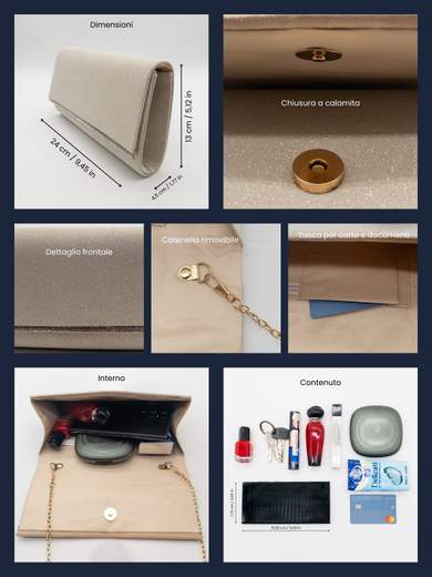 JESSICA Pochette Avorio Glitterata da Cerimonia con Strass e Catenella Removibile A-2479-AVORIO