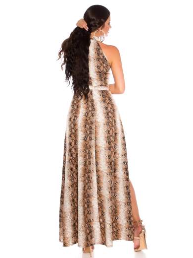 Abito Lungo Animalier con Spacco e Cintura – Scollo All’Americana