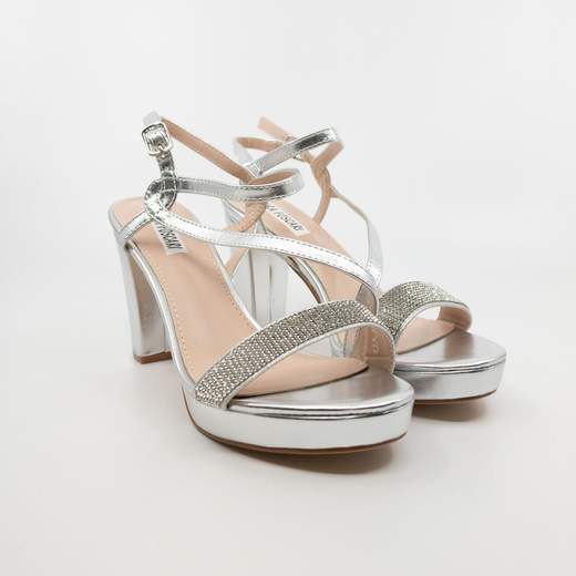 Sandali Con Plateau E Tacco Medio Argento Con Strass Da Cerimonia