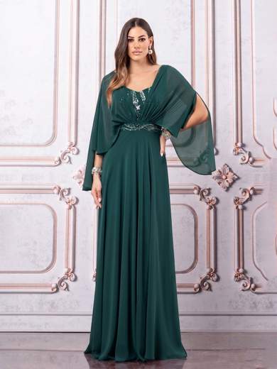 JEAN CRYÒ Abito Lungo da Cerimonia in Chiffon con Maniche a Mantella e Corpino Prezioso 35466