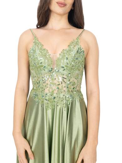 Long formal dress with embellished bodice and slit