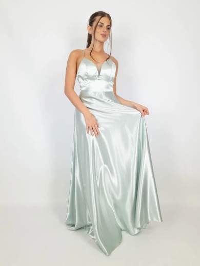 STRABELLO CERIMONIA Abito lungo elegante in raso con scollo a V e spalline incrociate A29499-3953-CINZIA