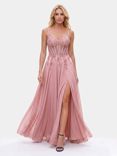 STRABELLO CERIMONIA Abito Lungo in Chiffon con Corpetto in Pizzo e Paillettes 26015F