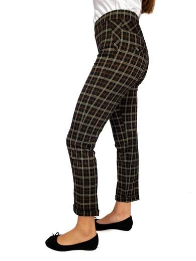 PERLA Pantaloni Scozzesi Donna Vita Alta Con Elastico A Sigaretta