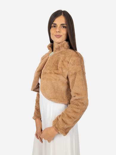Elegant short faux fur jacket with decorative brooch