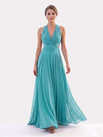 STRABELLO CERIMONIA Abito Lungo da Cerimonia in Chiffon con Collo all'Americana e Schiena Scoperta 7007-6F