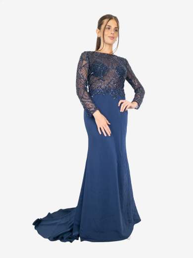 BIANCA BRANDI Abito lungo da cerimonia a sirena con maniche lunghe in tulle e strass 29242