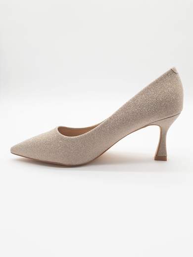 Gold glitter pumps with 7.5 cm hourglass mid-heel