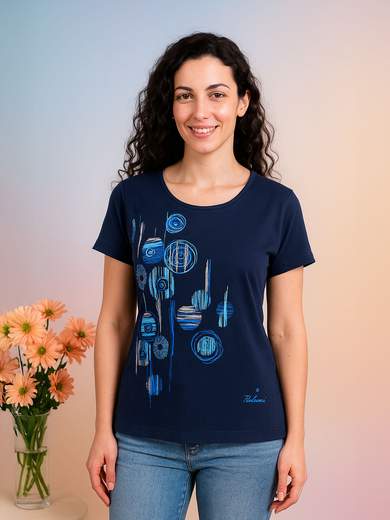 PERLARARA Women's cotton t-shirt with circle print and lurex details E112