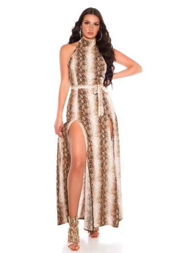 Abito Lungo Animalier con Spacco e Cintura – Scollo All’Americana