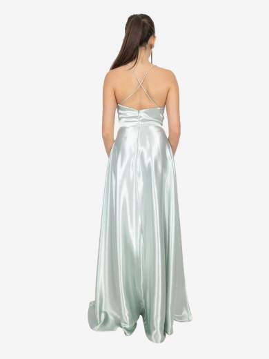STRABELLO CERIMONIA Abito lungo elegante in raso con scollo a V e spalline incrociate A29499-3953-CINZIA