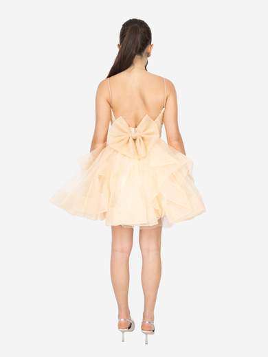 Abito corto 18 anni in tulle glitterato con fiocco staccato