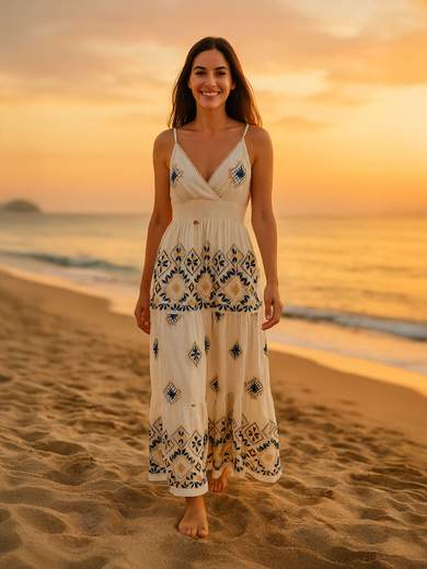 De Royal Vestito lungo estivo da donna in cotone e lino – Taglia unica slim RB80074