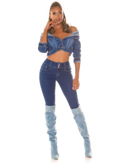 Giubbino Jeans Donna Corto Maniche Lunghe Elasticizzato