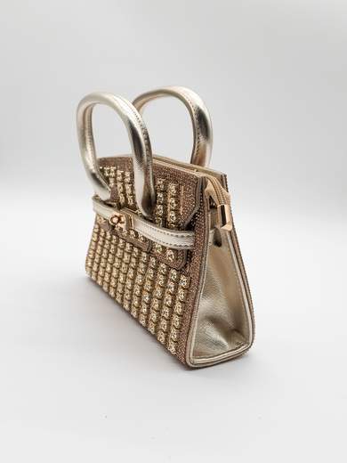 Gold Evening Bag with Rhinestones and Chain Shoulder Strap