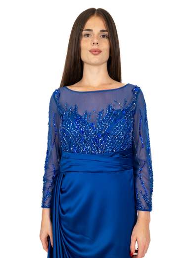 Vestito Cerimonia Elegante Lungo in raso con Paillettes e Spacco