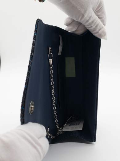 Pochette da cerimonia blu in raso con glitter e tracolla