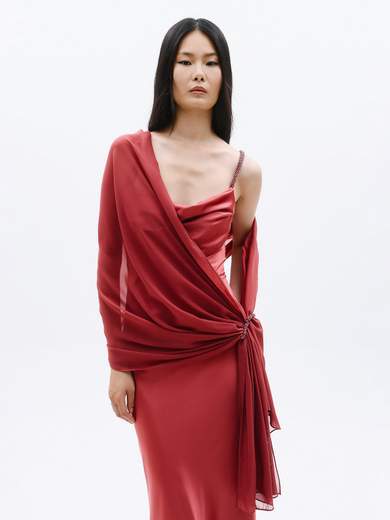 Abito Lungo da Cerimonia in Raso con Stola e Spalline Gioiello