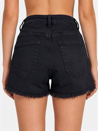 Stretch Denim Shorts with Fringed Hem